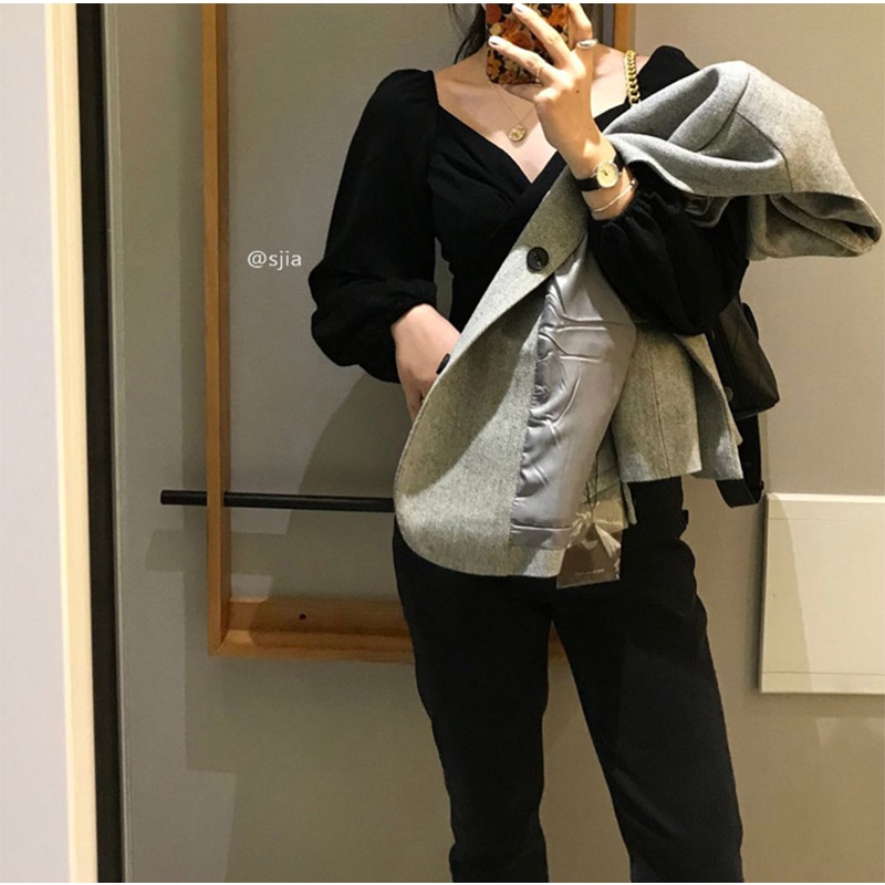 kemeja beludru wanita lengan panjang hitam Korean retro style Crop blouse Shirt
