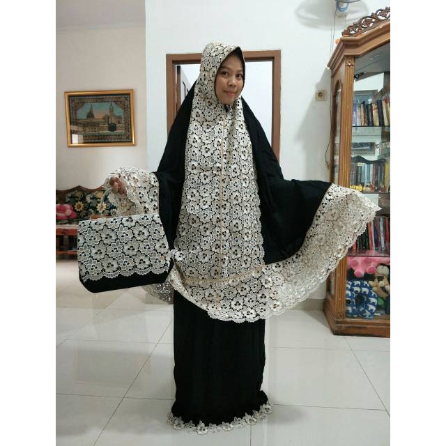 Mukena Original Faira Hitam|Mukena Jumbo|Mukena Renda Tas Behel|Telekung Sholat|Telekung Rayon Adem