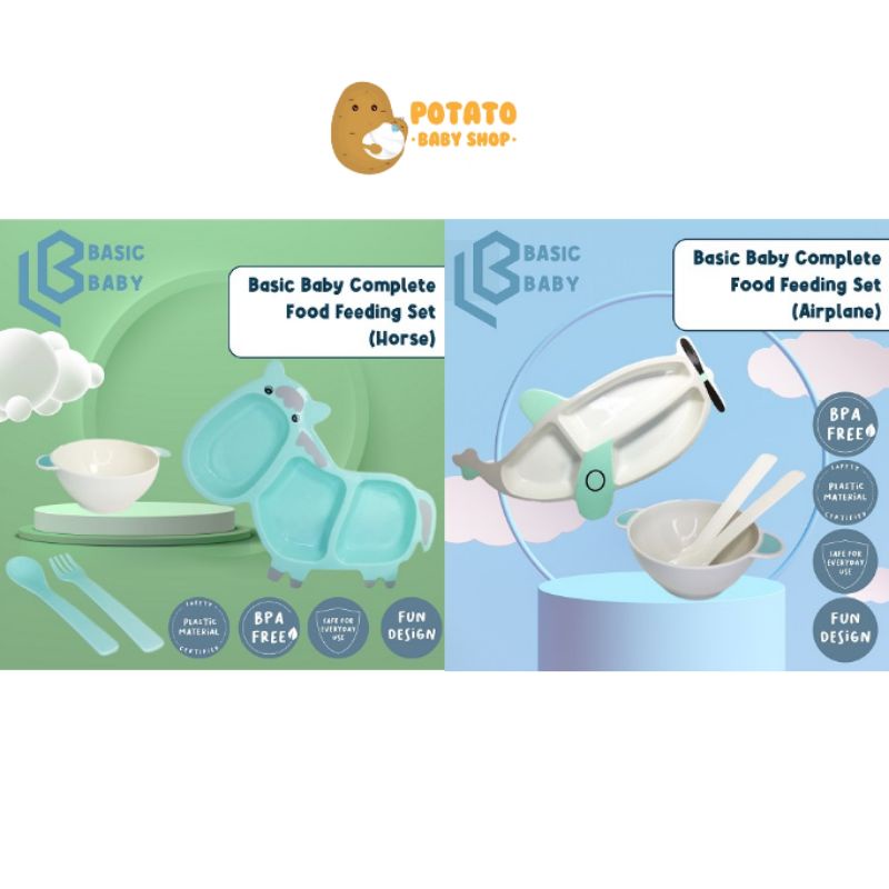 Basic Baby Complete Food Feeding Set Horse &amp; Airplane - Peralatan Makan Bayi