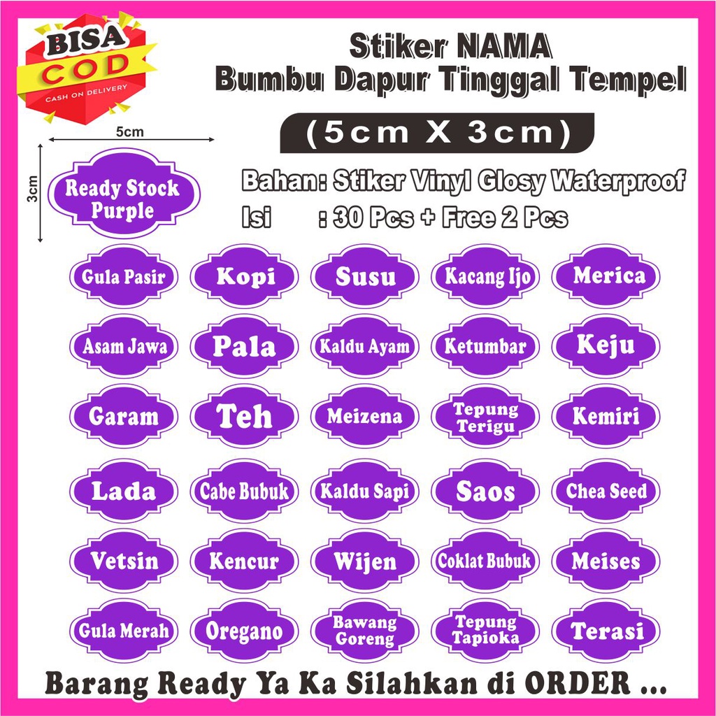 

COD✔ Stiker Label Nama Bumbu Dapur Waterproof Isi 30 Pcs uk 3x5cm Ready Stock