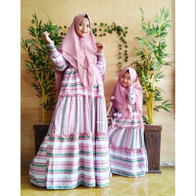 SET GAMIS SYARI BAJU MUSLIM HARIAN COUPLE IBU ANAK PEREMPUAN PRINTING KHIMAR CERUTY BUSUI LEBARAN