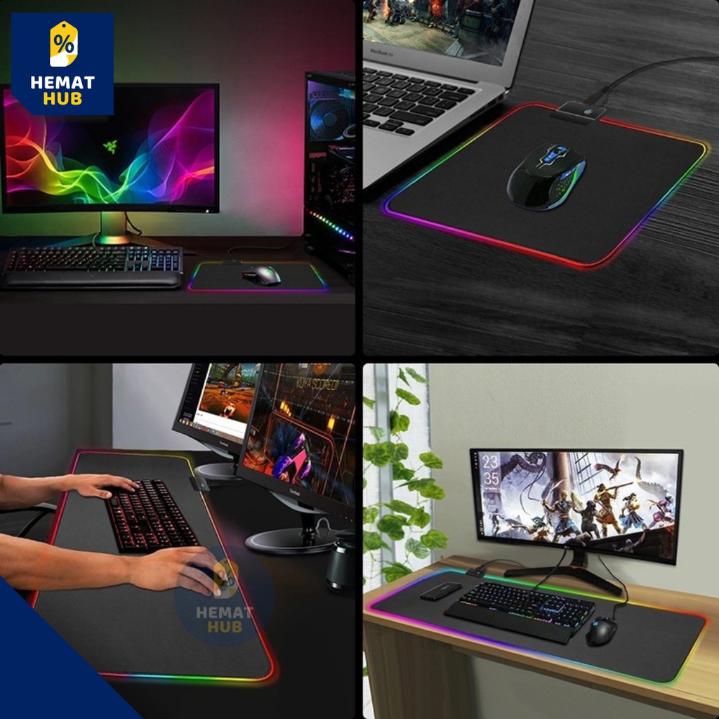 Mouse Pad Gaming RGB XL LED Glowing High Precision Jumbo Mousepad Besar USB Cable HematHub