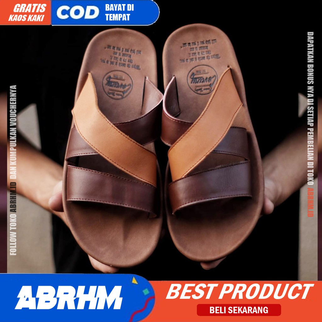 ABRHM X POLET Sandal Slide Pria Sandal Slop Pria Kulit Asli Sendal Selop Cowok / Cowo Ori Kekinian