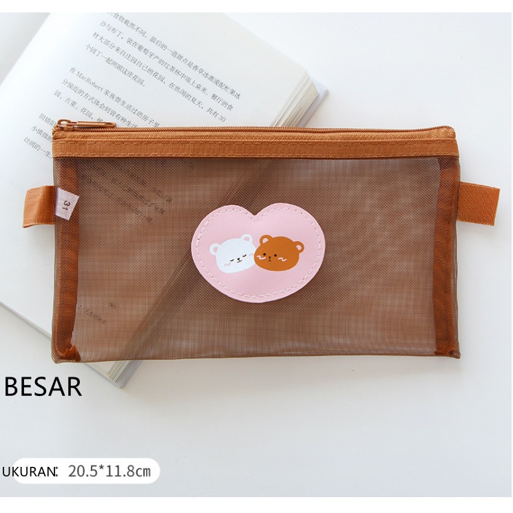 Dompet Pensil Tempat Pensil Lucu Tempat Makeup Cute Model Jaring Transparan Brown dan Multicolour Cute