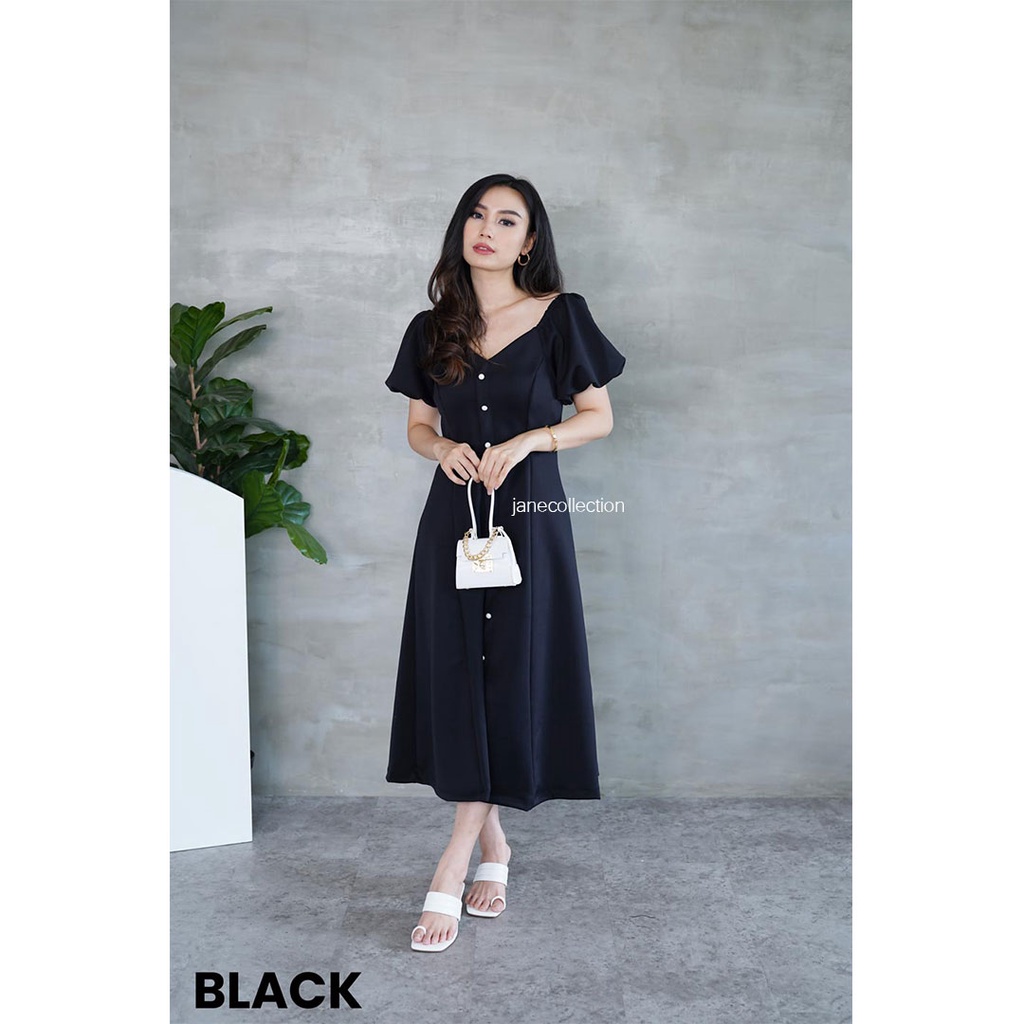 JANE COLLECTION || Maxi Dress Pesta Rok A Line Skirt Party Elegant Kancing Hidup Busui Friendly Baju Ibu Menyusui Lengan Balon / Lengan Pendek Karet Sabrina Baju Natal Christmas Imlek Chinese New Year Merah Maroon Hijau Emerald Hitam Putih Dress Brenda