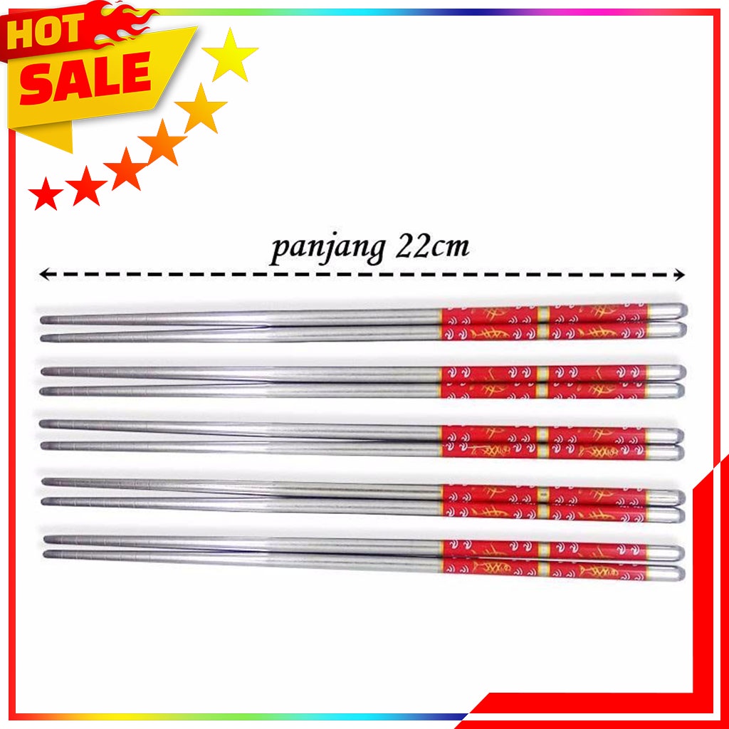 10 Pcs Sumpit Stainless Steel / Stainless Chopstick Motif 5 Pasang / 10 Pcs - Paket Sumpit Stainless Steel - 5 Pasang Sumpit ukuran 22 cm