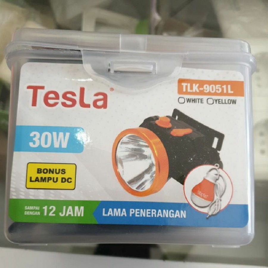 SENTER KEPALA CAS TESLA 9051L 30W 30 WATT BONUS LAMPU LED DC HEADLAMP CAHAYA PUTIH KUNING