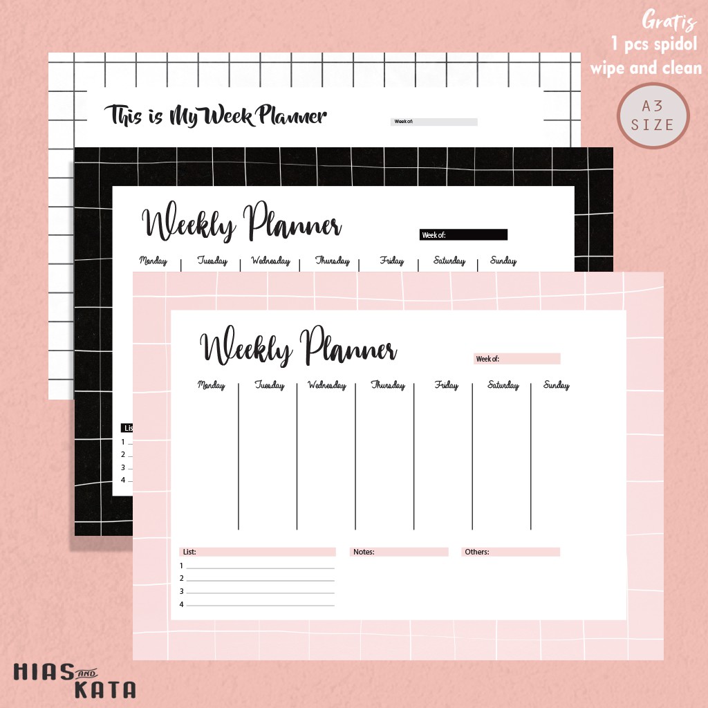 

wekkly schedule planner dinding template grid misty (size A4 & A3 free spidol)