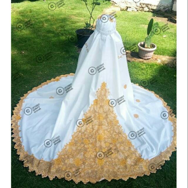 Mukena bordir pariaman padang putih motif emas bunga tegak