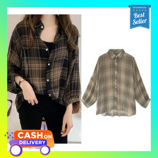 Kayshop - Kemeja Crop Kotak Lengan Panjang Murah Style Korea Kekinian | Kemeja Crop Oversize Wanita/