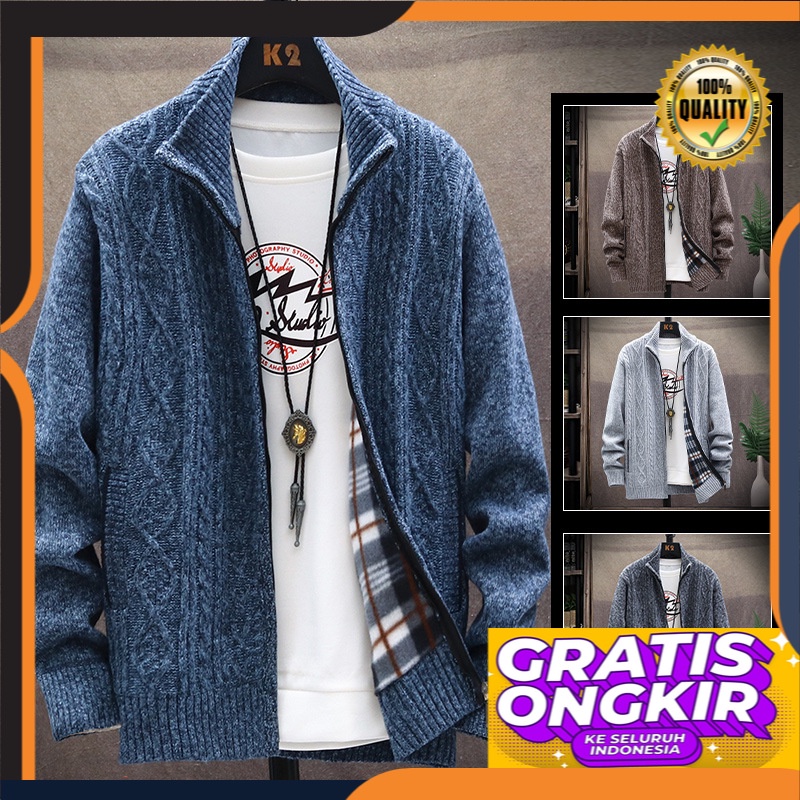 Bulu Berlapis Tebal  Rajutan Cardigan Pria Sweter Mantel     Korea Trendi unik Longgar Sweater