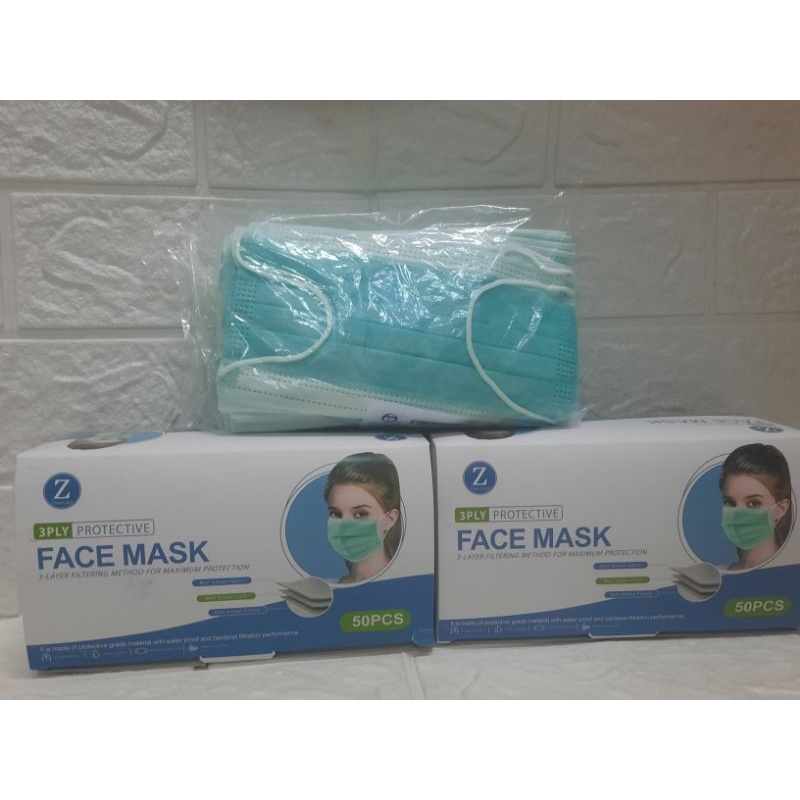 Masker Medis 3ply warna abu-abu/hijau isi 50pcs+box