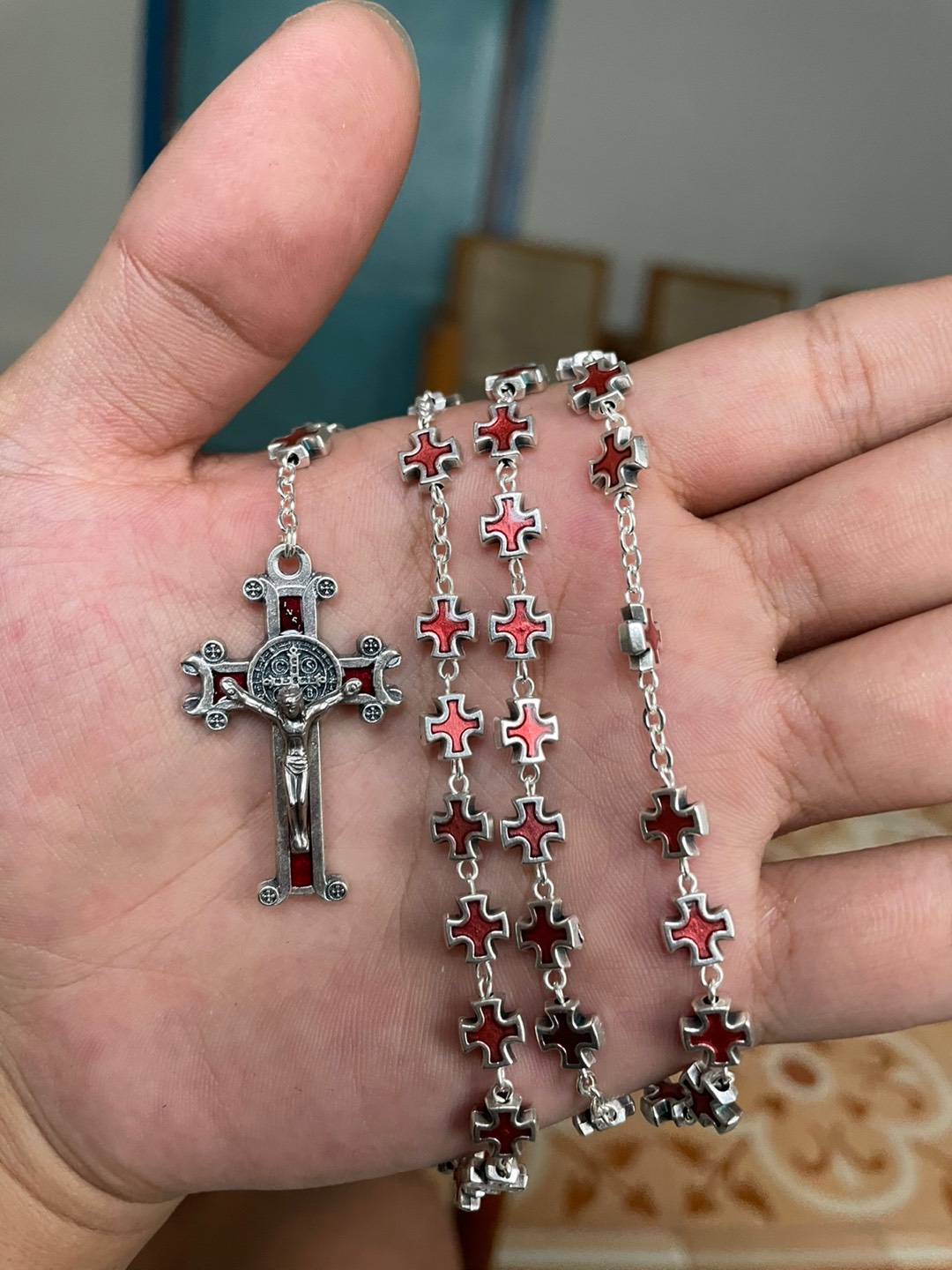 Rosario Metal Zamak  St.benedict Bentuk Salib 8mm Rohani Katolik