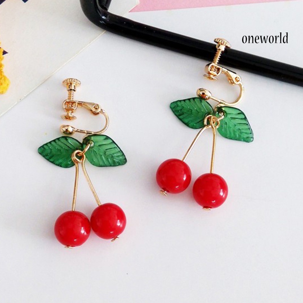 OW@ Sweet Fruit Green Leaf Red Cherry Dangle Women Ear Hook Clip Earrings Jewelry