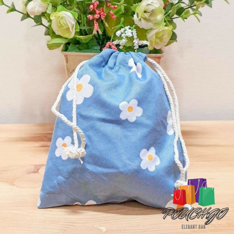 Pouch Serut Travel Pouch Organizer Souvenir Tas Serut Motif Bunga Kain Goni Ukuran S