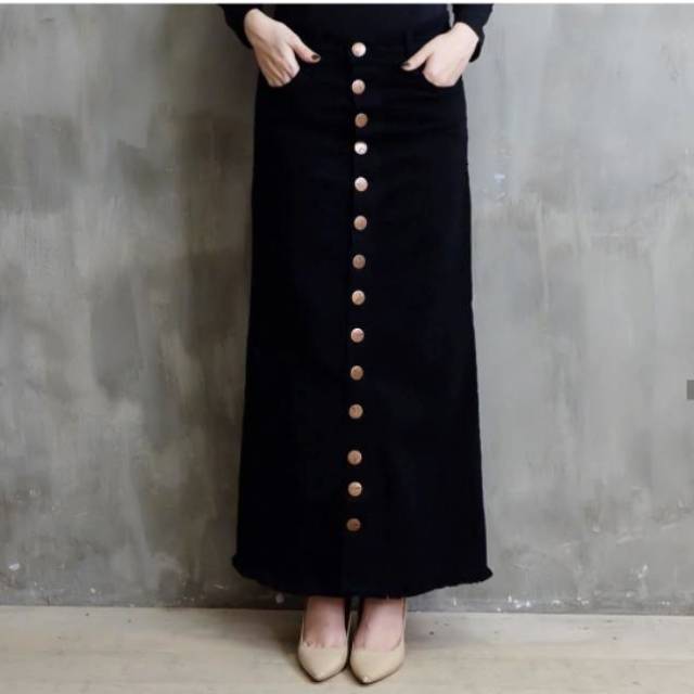 ROK JEANS KANCING PANJANG HITAM | rok rawis hitam | rok kancing depan panjang hitam