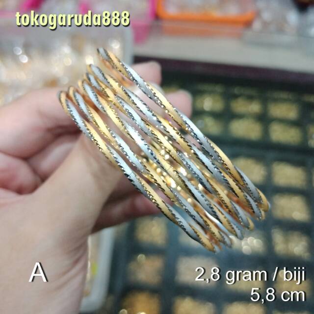 Gelang tangan anak dan dewasa emas asli kadar 700 70% 22 bangle gold ukir keroncong kuning putih cantik ringan baru