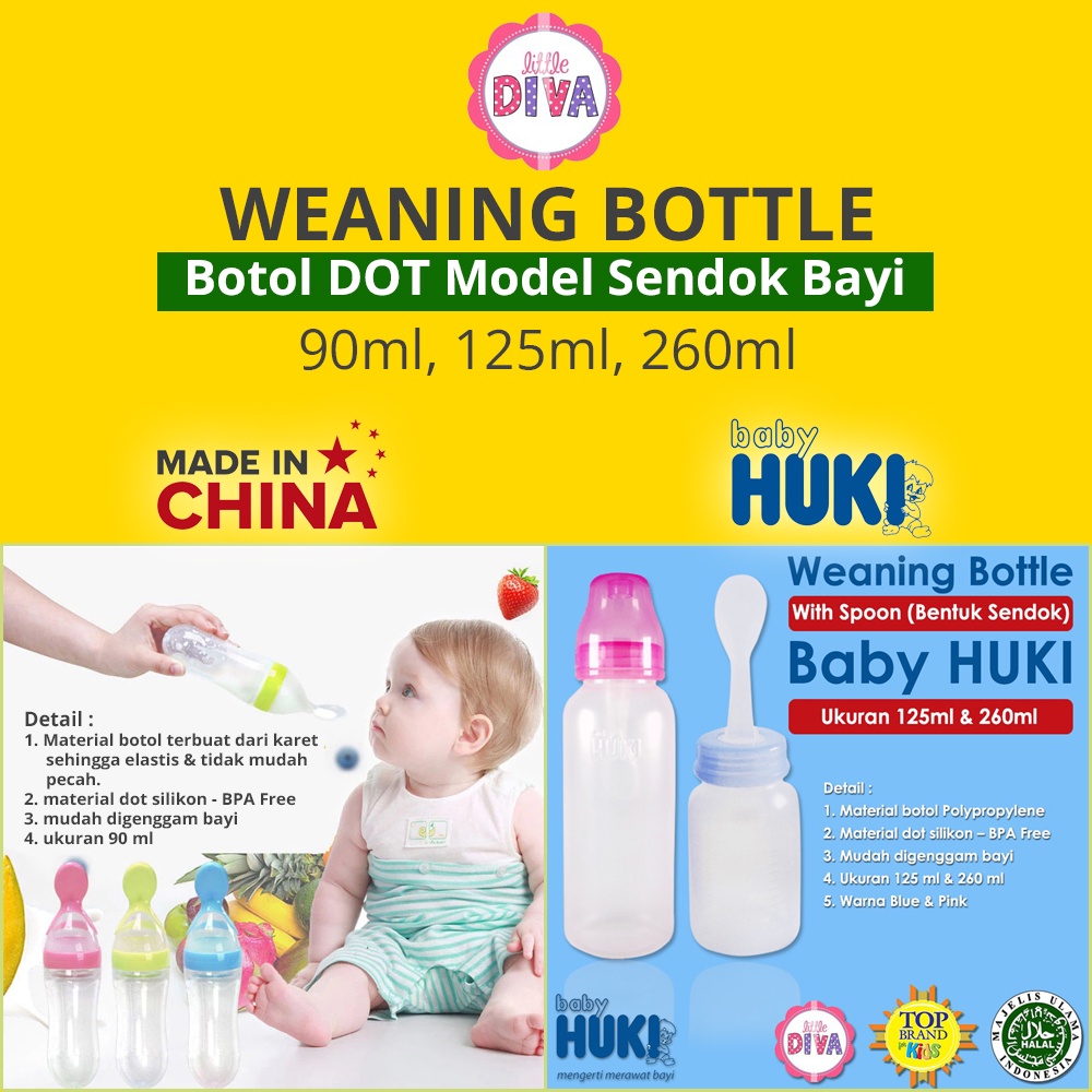 90ml, 125ml, 260ml  BABY HUKI WEANING BOTTLE WITH SPOON -Botol Sendok Susu Bayi  Mpasi belajar makan chn