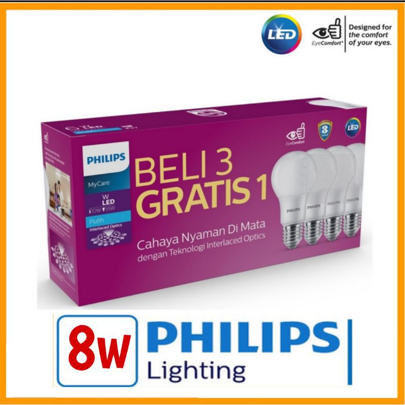 LAMPU PHILIPS LED 8W/ PROMO BELI 3 GRATIS 1/PAKET PHILIP MY CARE/PUTIH