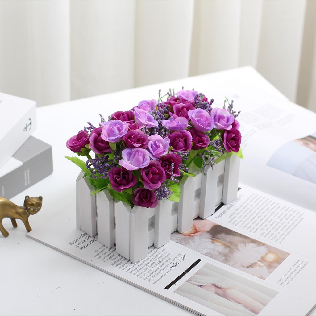 AM317 Bunga Plastik/Bunga Plastik Mawar Pot Bentuk Pagar/Bunga Dekorasi-Ungu