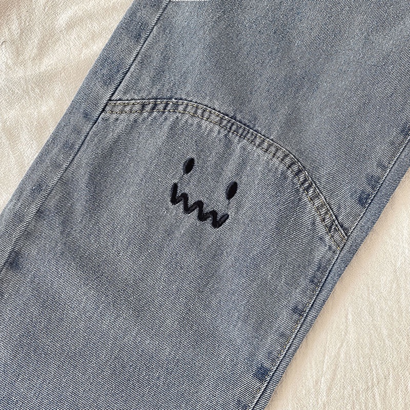 Bordir Smile Kekinian/Biru Boyfriend Highwaist Loose Celana Jeans Panjang Wanita (realpict)