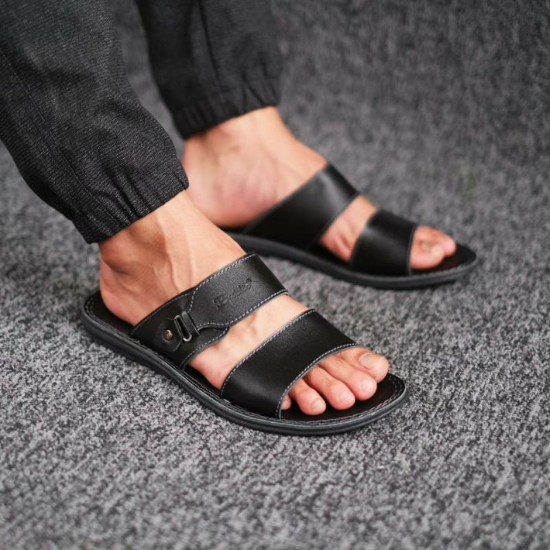 BRLN 005 Black Sandal Pria Casual Terbaru Full Kulit Asli Warna Hitam Sendal Selop Kerja Casual Santai