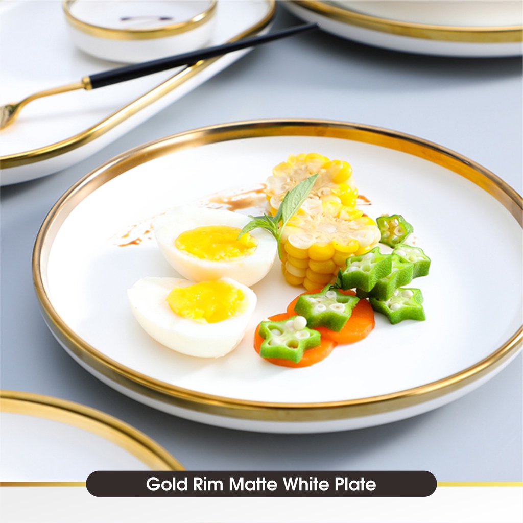 Set 9 &amp; 26 PCS Piring Mangkok Makan Putih Keramik Pinggiran Emas Cantik Ceramic Mewah Western Steak Gold Rim Plate