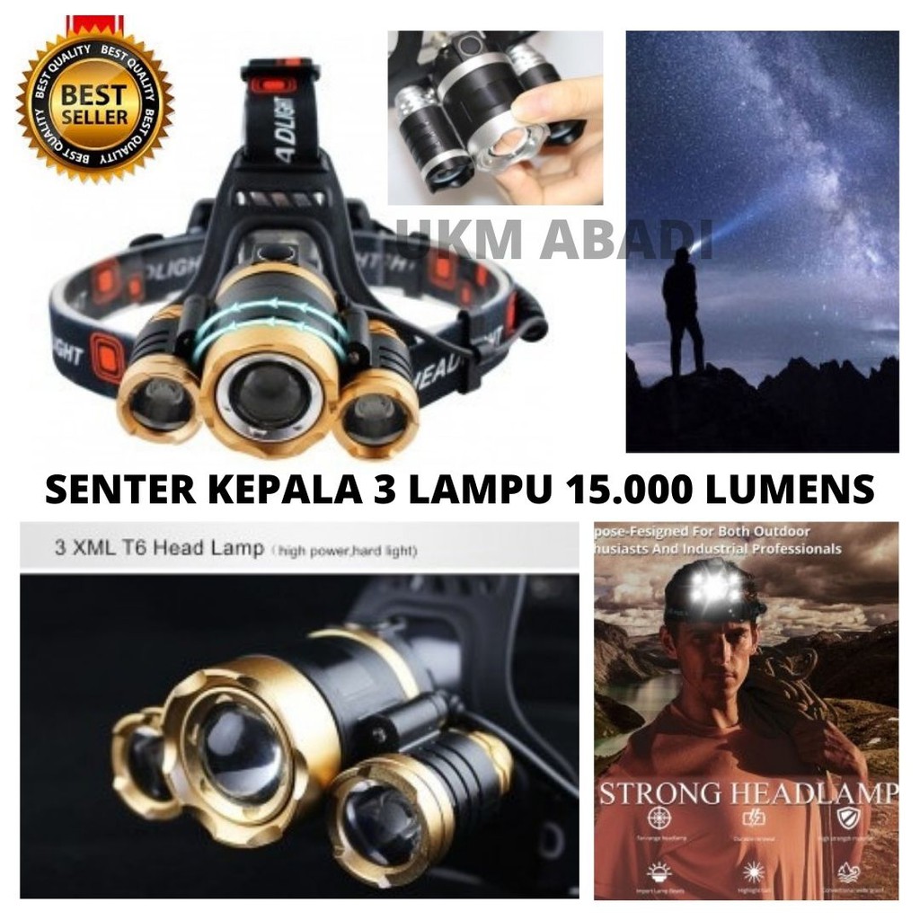 Headlamp 3 Light Lampu Senter Kepala 15.000 Lumens USB Charge 111107