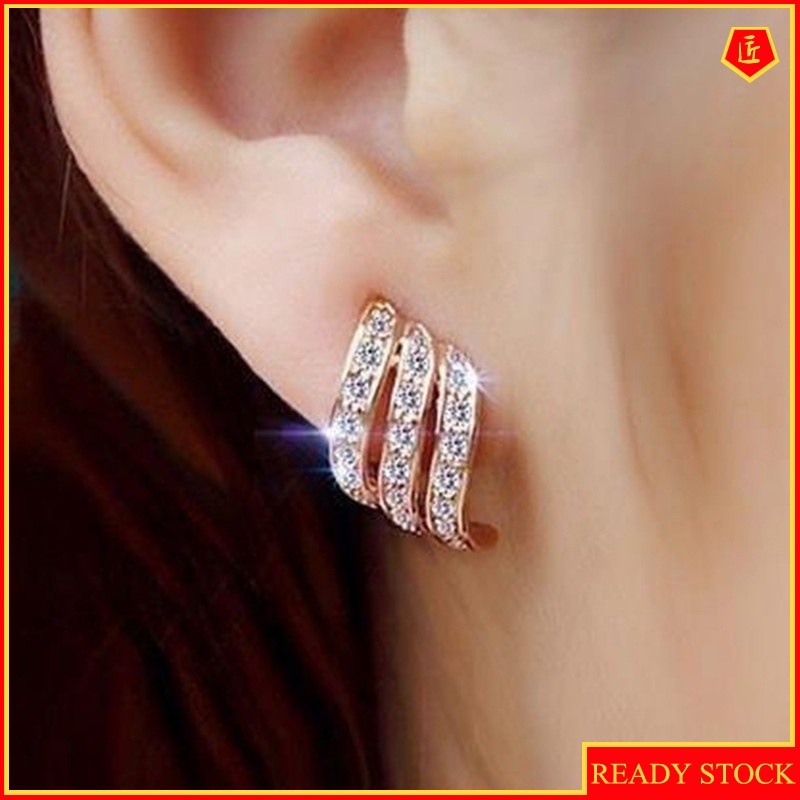 [Ready Stock]Rose Gold Three-Row Diamond Stud Earrings Creative