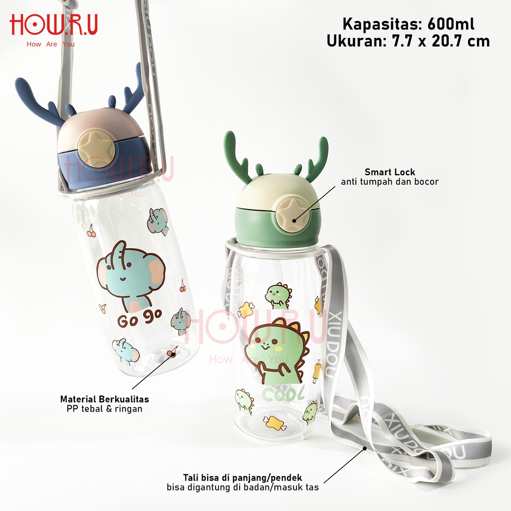 HOW.R.U | 600ml - Botol Minum Anak Lucu Bentuk Rusa + Tali 19765002