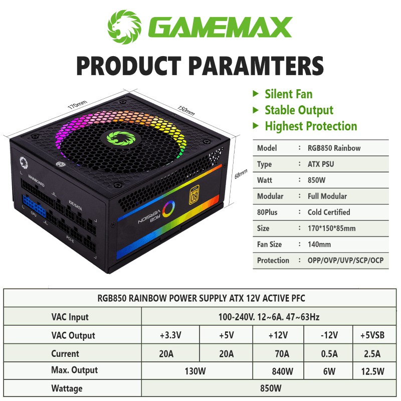 Gamemax Psu 850W RGB 80+ Gold Full Modular