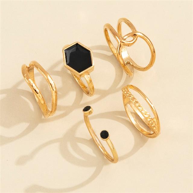 Trendi Unik retro hitam enam sisi geometris tetes minyak cincin berongga lima buah set