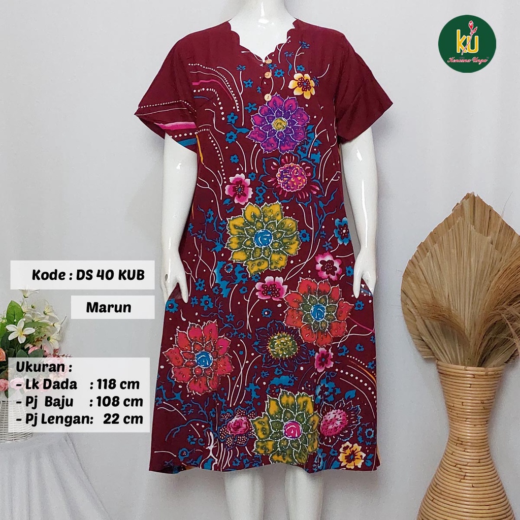 COD DS40 KUB | Daster Batik Kencana Ungu Asli Label Biru Ukuran Jumbo | Baju Santai Tidur Wanita Dewasa Kancing Depan Busui Friendly Motif Terbaru-Marun C