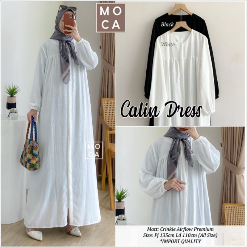100% ORI - Celin Dress by Mocca Bahan Crinckle Airflow - Gamis Putih Lebaran
