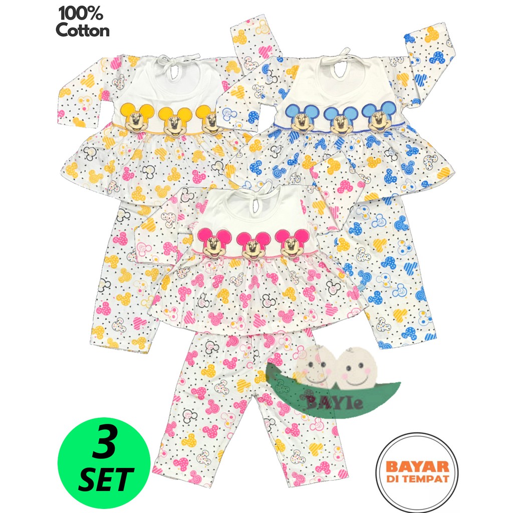 BAYIe - 3 Setelan Baju bayi Panjang Perempuan motif MICKEY MOM'S GIFT 0-12 bulan/Pakaian anak cewek