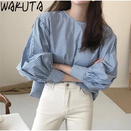 wakuta blouse/blouse kotak-kotak wanita