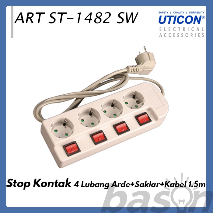 UTICON ST1482SW Power Extension - Stop Kontak 4Lubang 1.5Meter Arde dengan individual switch