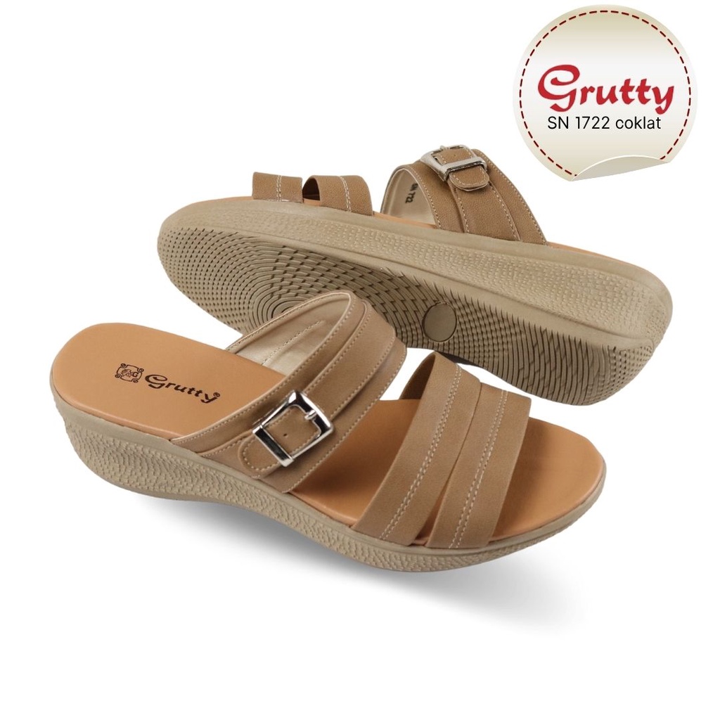 Sendal Wedges Wanita Sandal Slop Wedges Terbaru Grutty SN1722 Coklat