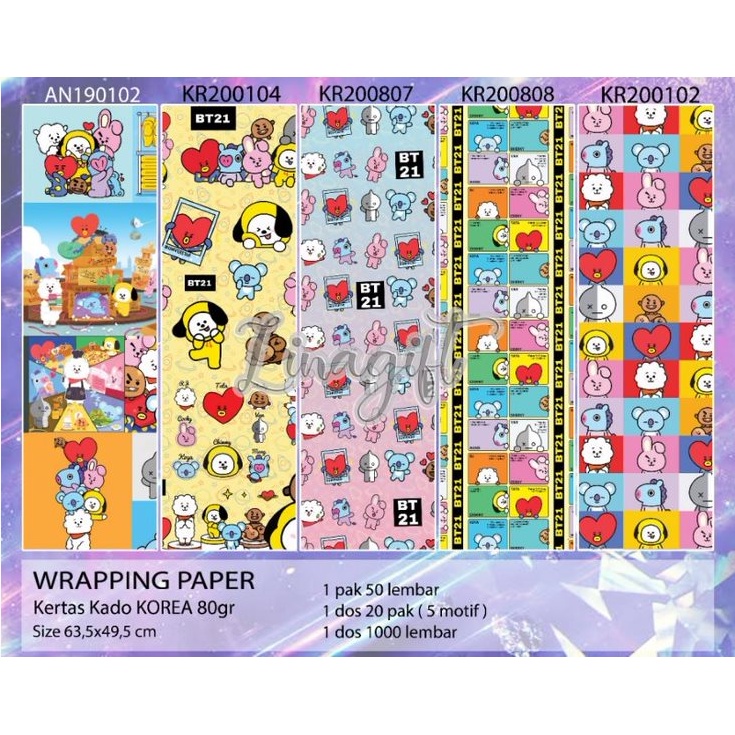 ( 5 Lembar ) KERTAS KADO VL- GIFT WRAPPING PAPER BTS BT21 DOFF / KOREAN KPOP / BANGTAN / KOREA CARTOON