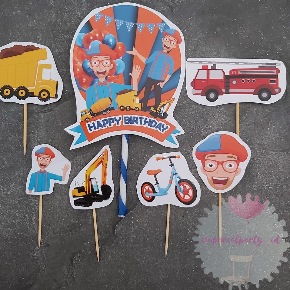 Garansi Terbaik,, Cake Cupcake Topper Tusukan Kue Happy Birthday Blippi Construction