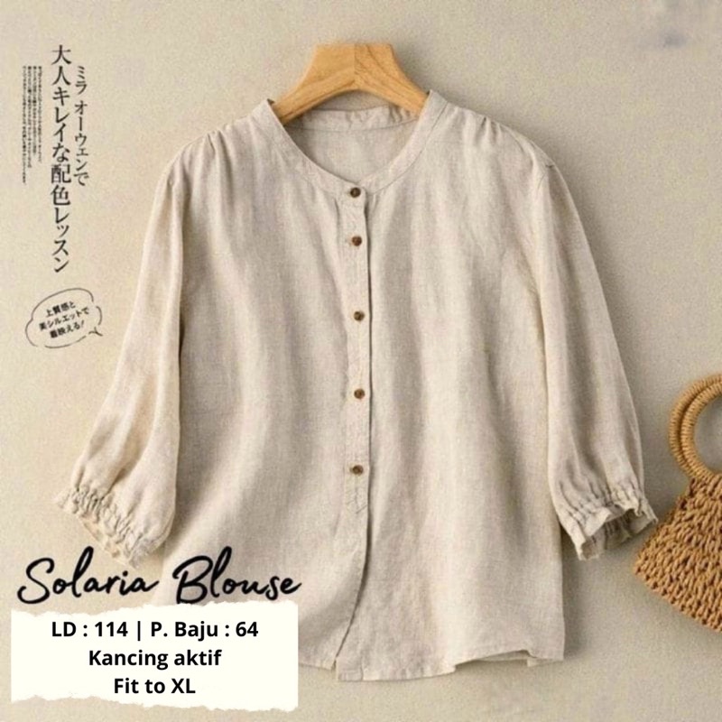 Solaria Blouse Linen Kemeja Wanita Kerah Sanghai Baju Atasan Korean