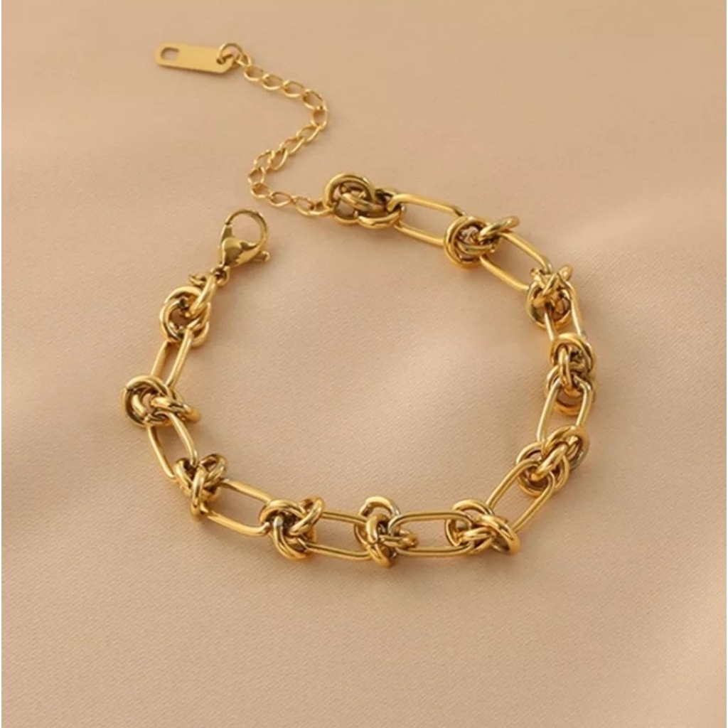 Gelang Tangan Rantai Titanium Model Rantai Simpul Warna Gold