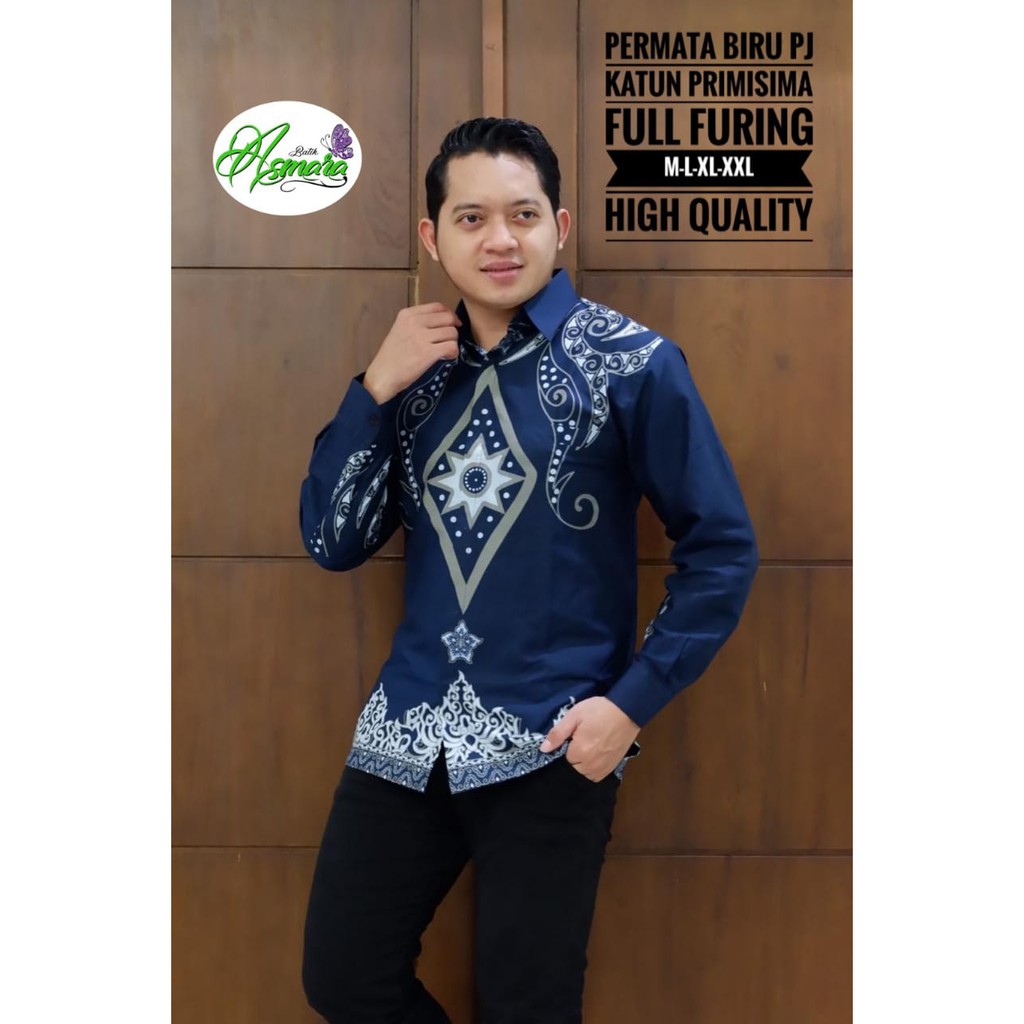 Atasan Kemeja Baju Batik Pria Lengan Panjang PREMIUM Modern LAPIS FURING PERMATA BIRU ASMARA