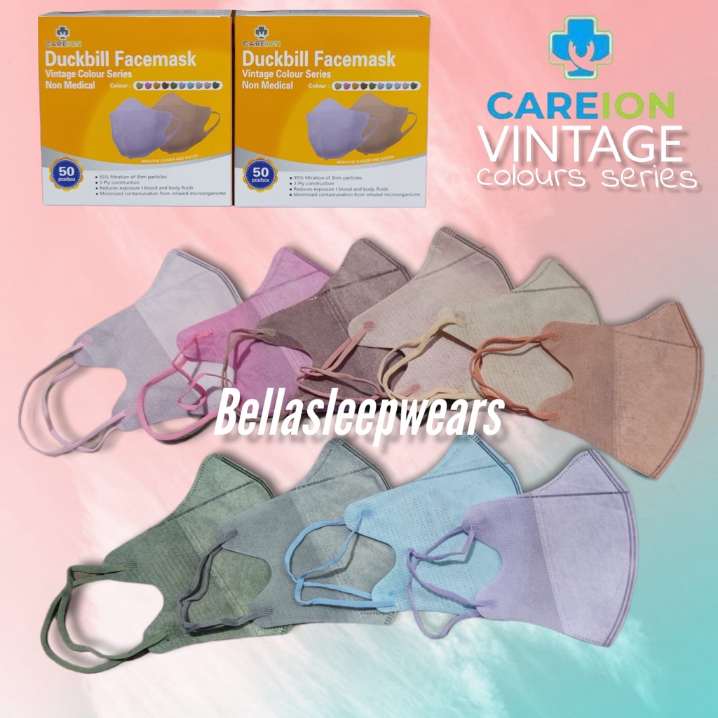 MASKER DUCKBILL CAREION 3PLY VINTAGE COLOURS SERIES WARNA FACE MASK - BOX 50 PC