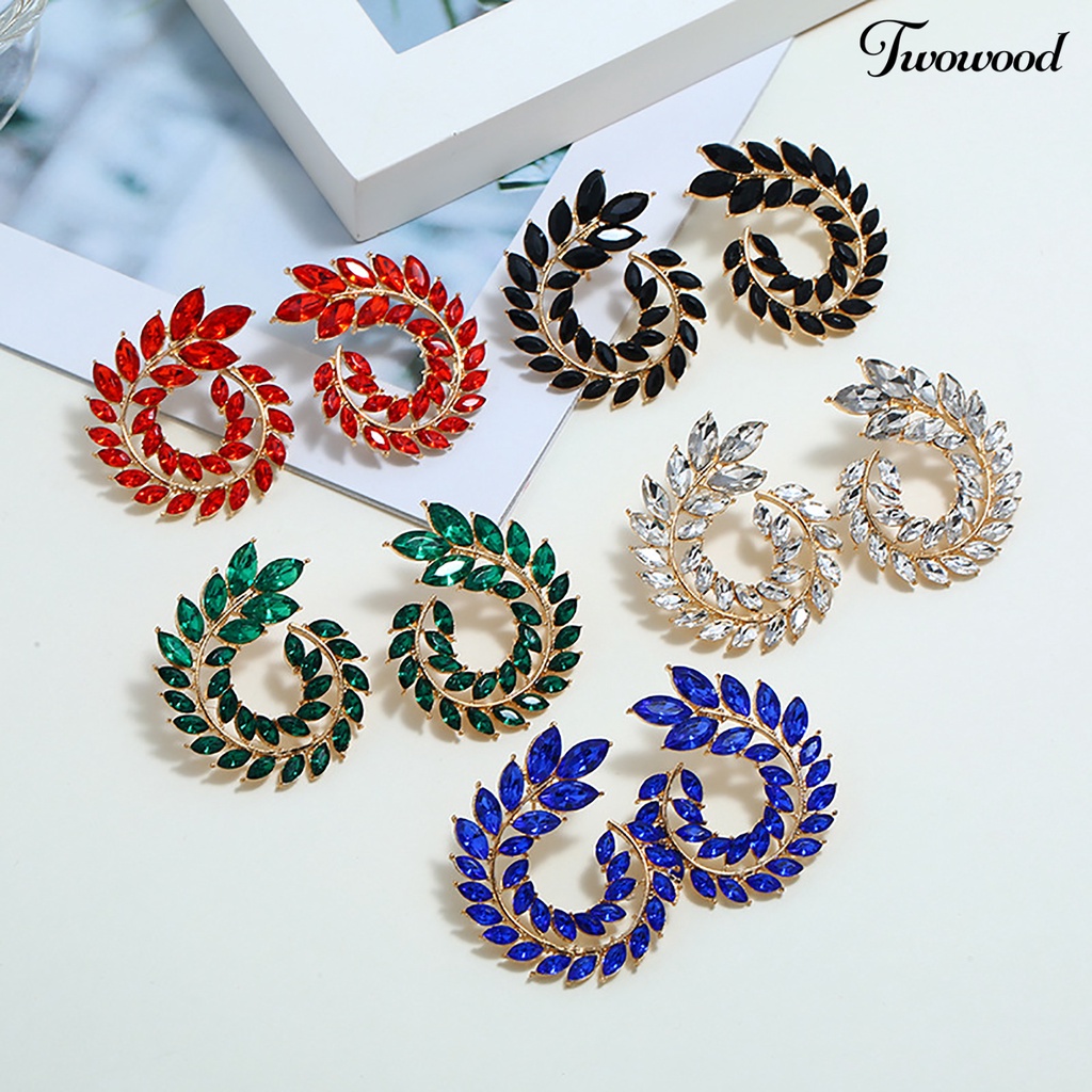 1 Pasang Anting Stud Cubic Zirconia Bentuk Cabang Daun Geometris Bulat Bahan Alloy Untuk Wanita