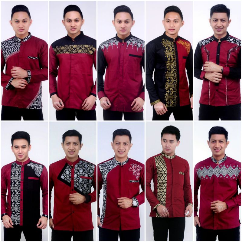 kemeja Koko batik / kemko kombinasi batik warna merah maroon