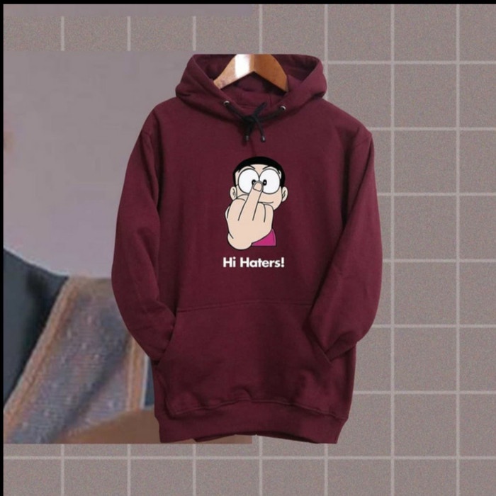 JAKET HOODIE SWEATER NOBITA HI HATERS HOODIE ANIME MEME PRIA WANITA - Putih S MURAH