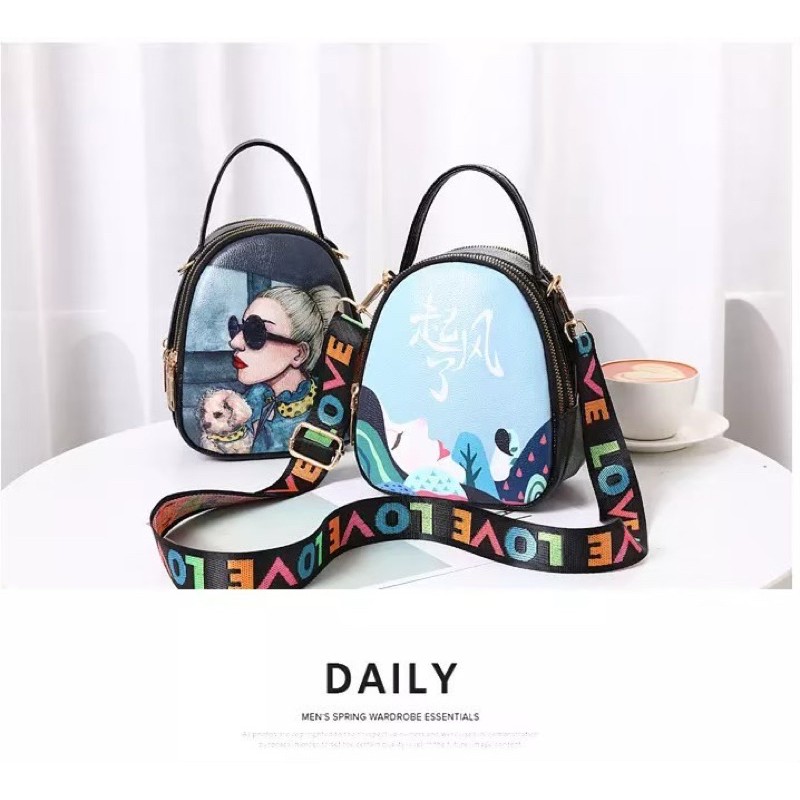 New Tas Selempang Endog Printing Karakter 3D EGG-PRINT Tali Love