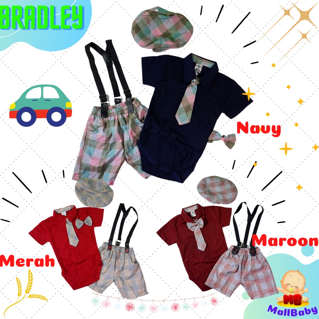 Baju Jalan Bayi Laki Laki 0 3 6 9 12 Bulan Setelan Jumper Set Dasi Suspender Topi Bradley