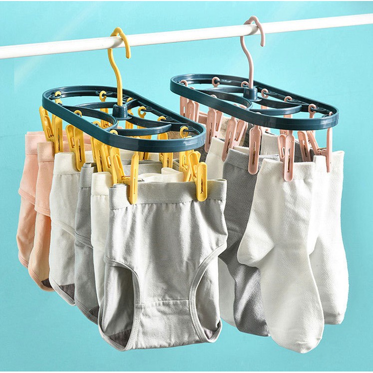 (BOW) Gantungan Jemuran Hanger Putar Dengan 12 Pcs Jepitan Kaos Kaki Baju Pakaian Dalam Serbaguna